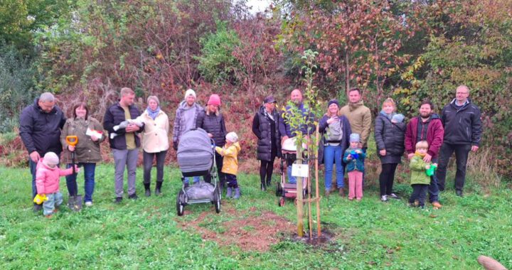 sechs Familien am Birnenbaum nach der Pflanzung